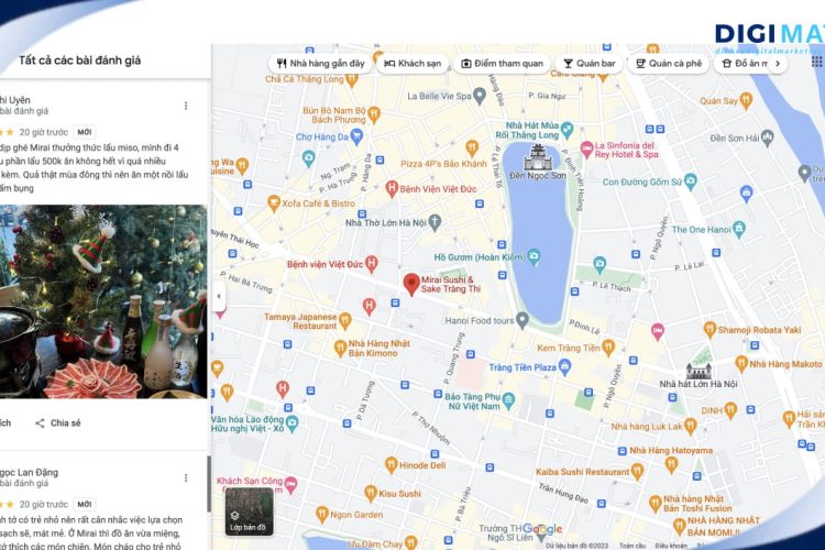 Dịch vụ review Google Map và đánh giá 5 sao cho nhà hàng Mirai Sushi & Sake Tràng Thi từ Digimat