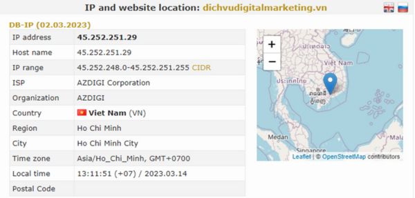 Dựa vào Hostname “dichvudigitalmarketing.vn” bạn có thể biết website này được đặt Hosting tại AZDIGI